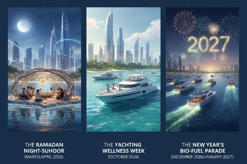 Infographic for 2026 Dubai yacht events including Ramadan Night Suhoor, Yachting Wellness Week in October, and the New Year’s Bio-Fuel Parade with a futuristic city skyline background.