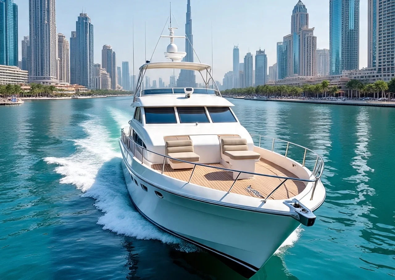 A sleek white yacht cruising on turquoise waters in Dubai, showcasing a premium Dubai yacht rental experience