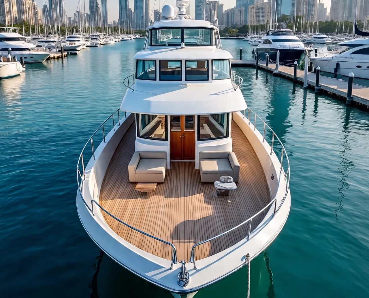 A sleek white yacht with wooden deck and seating area docked in a Dubai marina