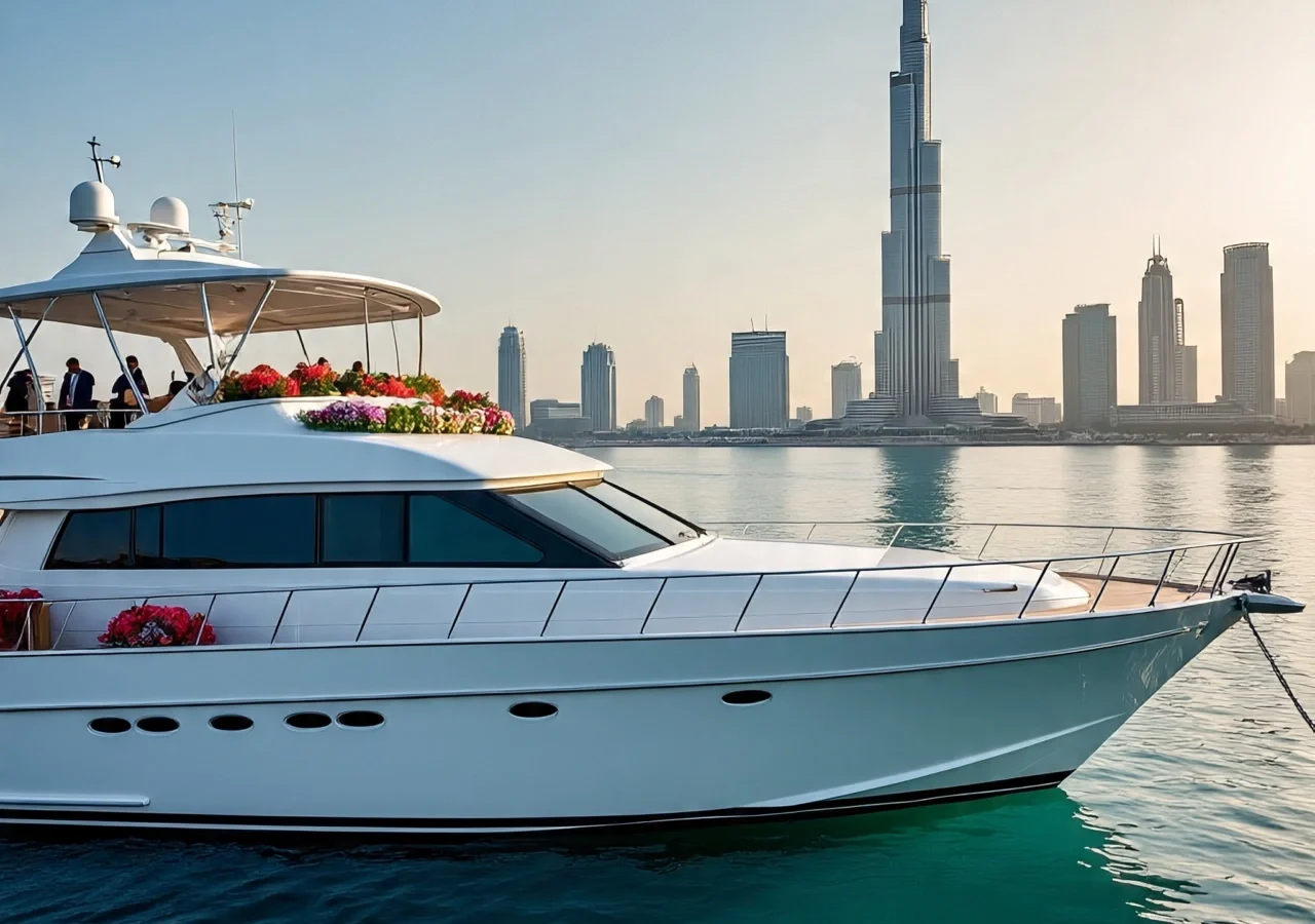 Luxury white yacht decorated with vibrant flowers near the Dubai skyline, showcasing a Dubai yacht rental for planning an iconic event.