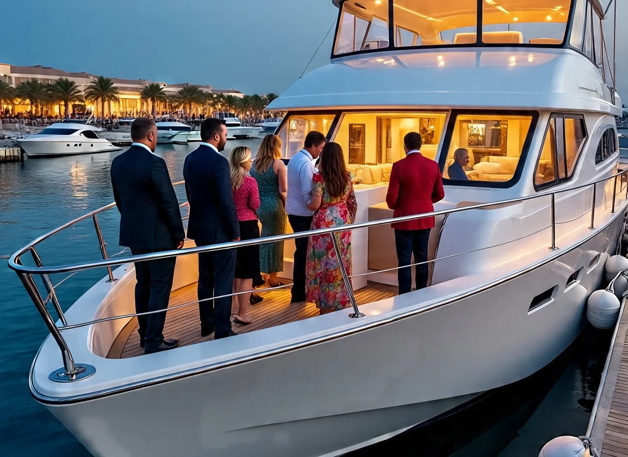 A sleek white yacht docked at a marina in Dubai, showcasing elegantly dressed guests boarding for a Dubai yacht rental experience
