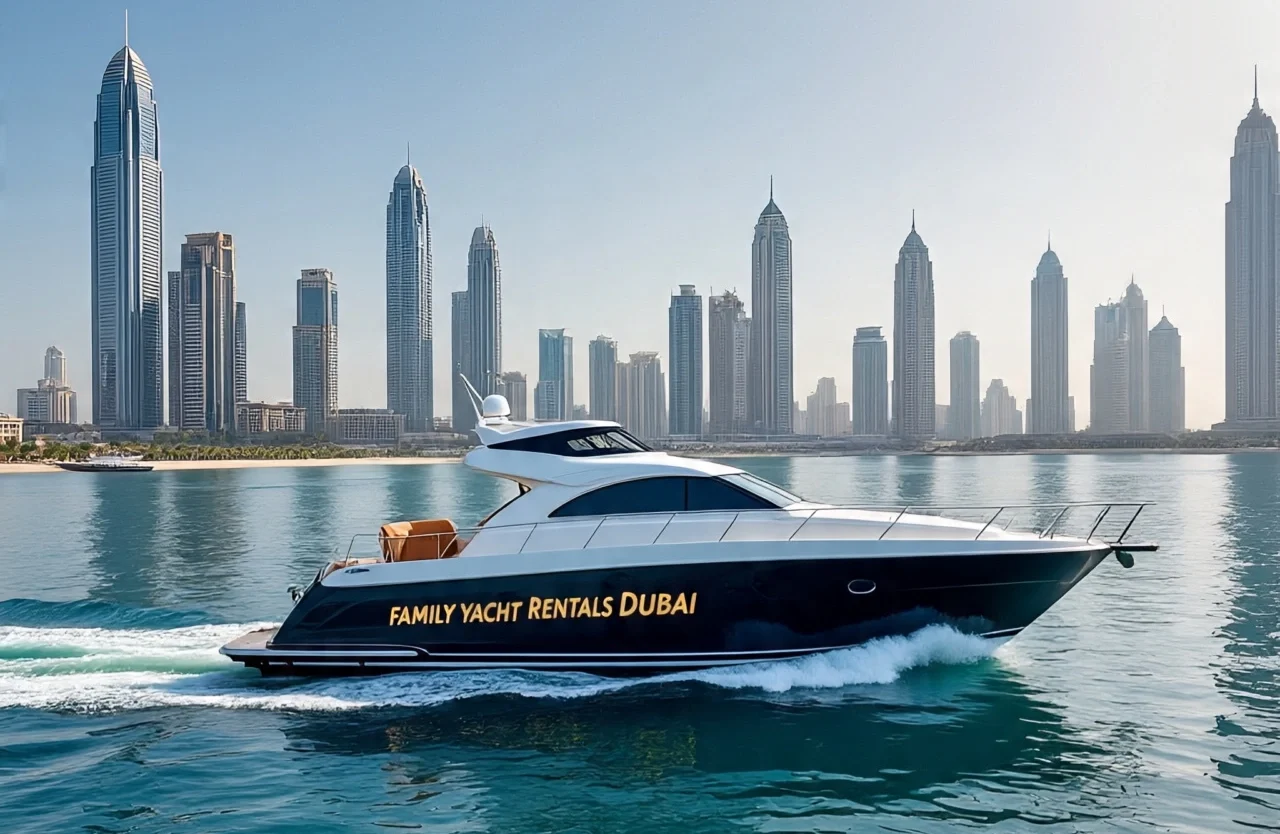 A sleek black and white yacht with “FAMILY YACHT RENTALS DUBAI” in yellow lettering cruising on blue waters with the Dubai skyline in the background.