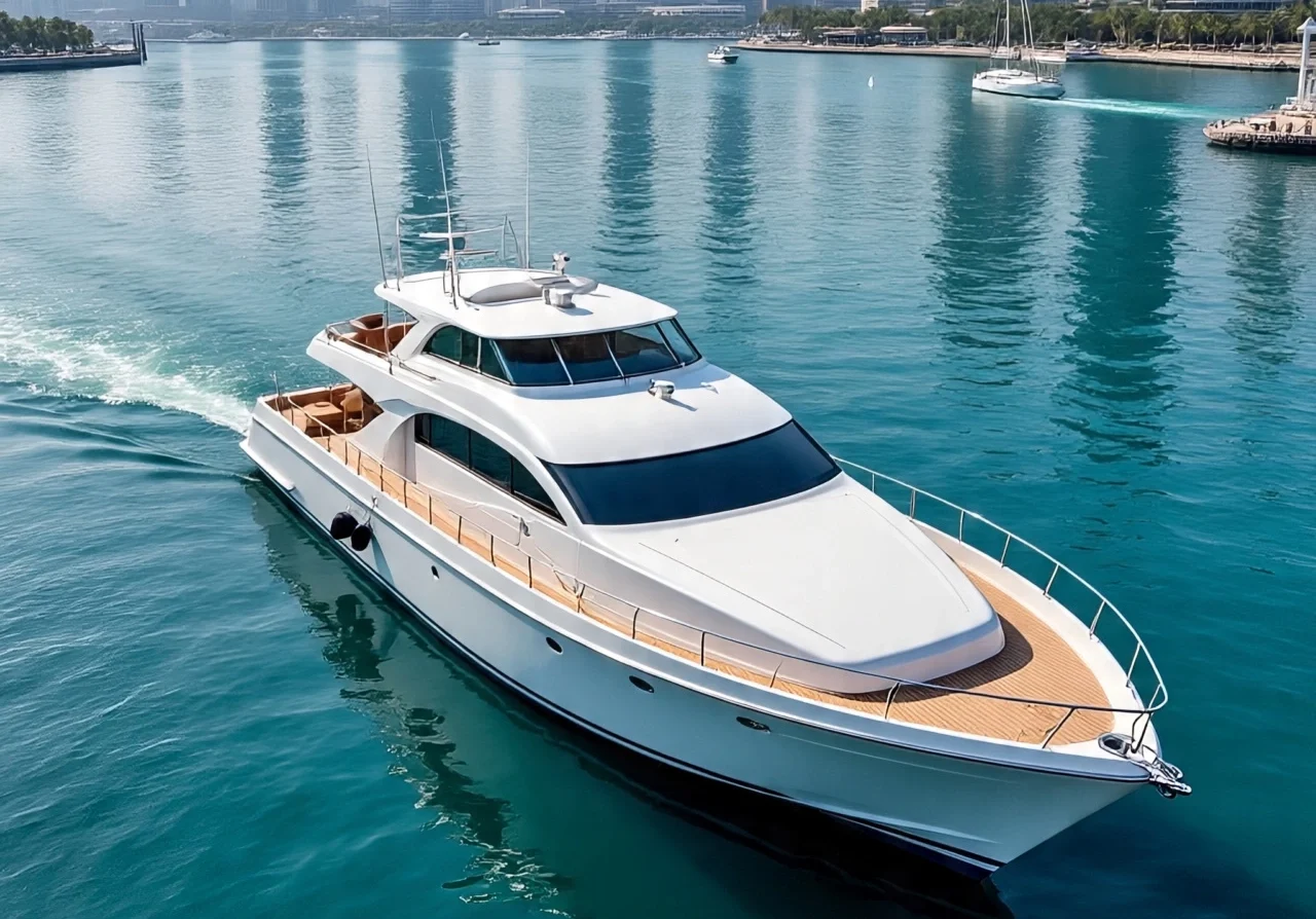 A sleek white private yacht cruising on turquoise waters with the Dubai, showcasing an exclusive Dubai yacht rental experience.