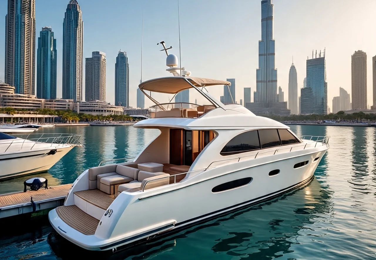 A sleek white private yacht docked in Dubai marina with the city skyline