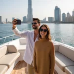 A man and woman posing for a selfie on the deck of a Dubai yacht rental