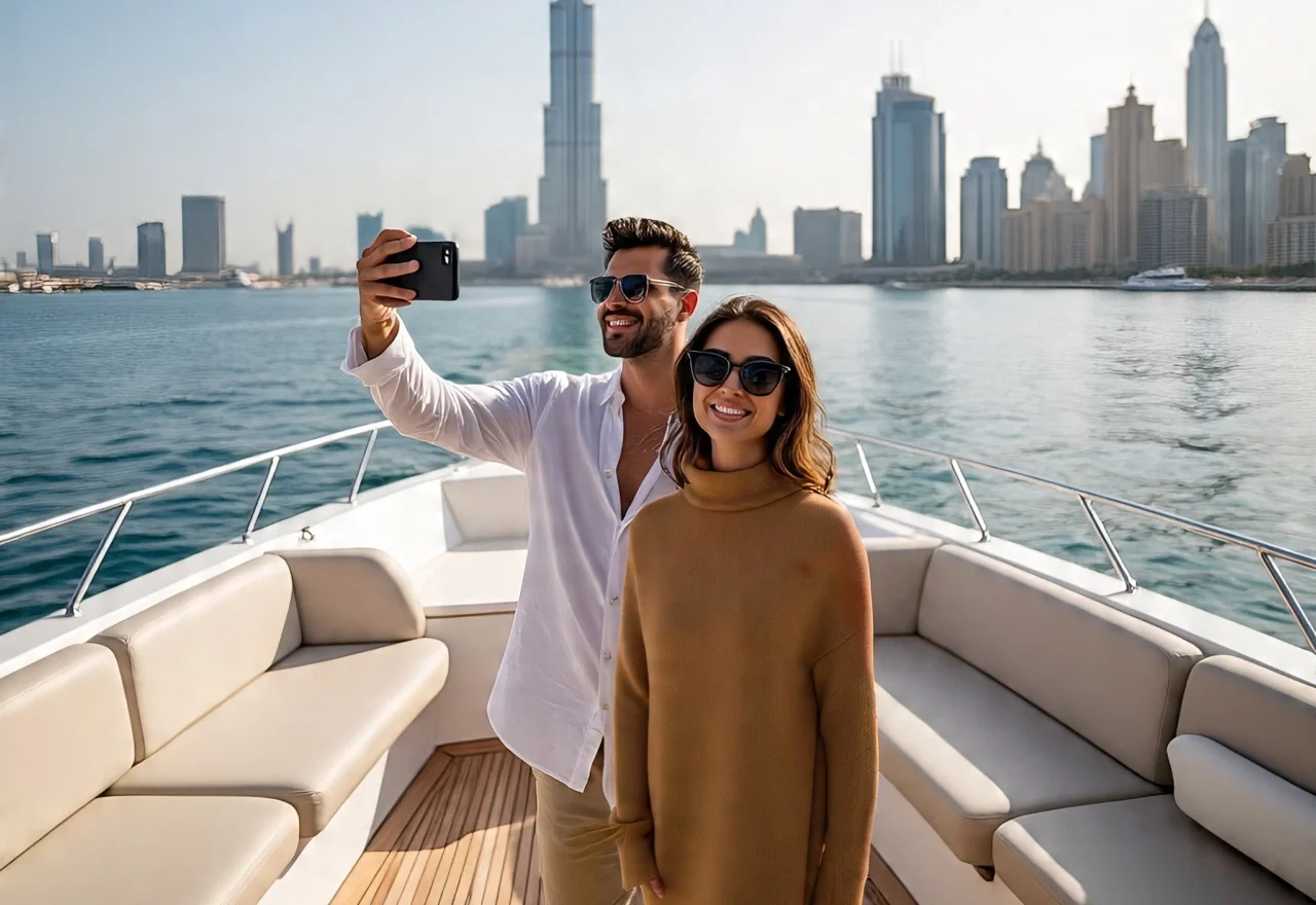 A man and woman posing for a selfie on the deck of a Dubai yacht rental