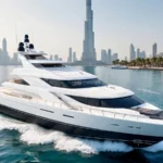 A sleek white luxury yacht cruising in Dubai waters with the iconic skyline in the background, showcasing the Dubai yacht rental experience.