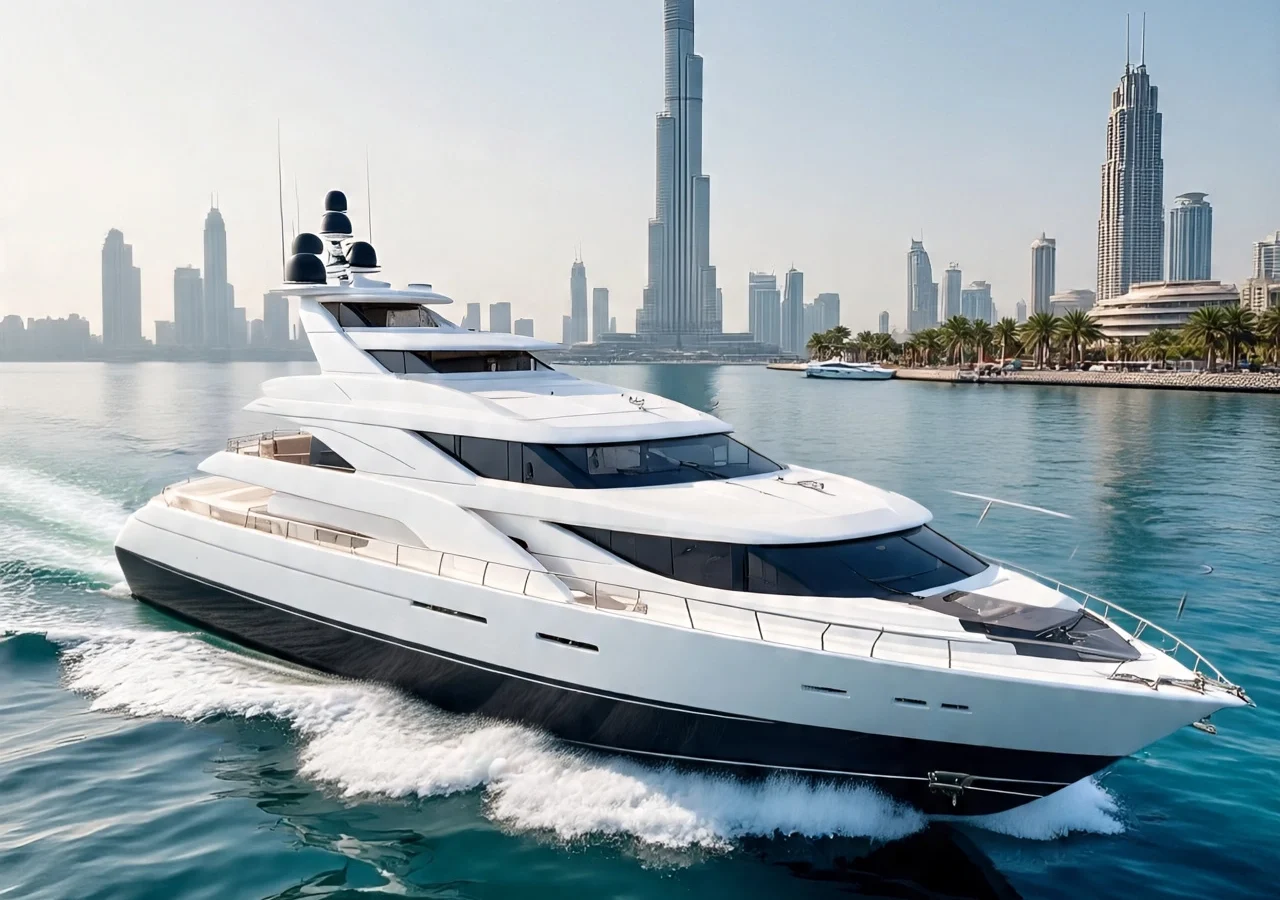 A sleek white luxury yacht cruising in Dubai waters with the iconic skyline in the background, showcasing the Dubai yacht rental experience.