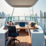 A sleek yacht rental office on a Dubai yacht rental vessel featuring a wooden desk with laptop, books, and coffee cup on the deck, overlooking a modern Dubai city skyline.