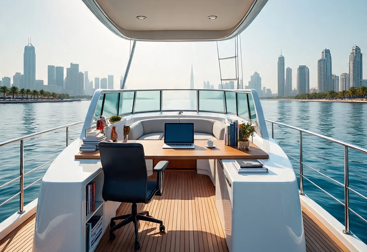 A sleek yacht rental office on a Dubai yacht rental vessel featuring a wooden desk with laptop, books, and coffee cup on the deck, overlooking a modern Dubai city skyline.