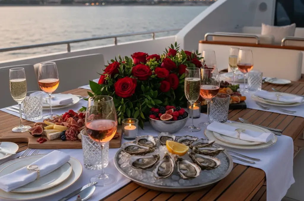 dining table on the aft deck of a yacht, set with gourmet food and sparkling drinks.