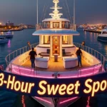 A luxurious yacht illuminated with pink neon lights in a Dubai marina at dusk, featuring the glowing banner “3-Hour Sweet Spot,” highlighting the Dubai yacht rental experience for micro-celebrations.