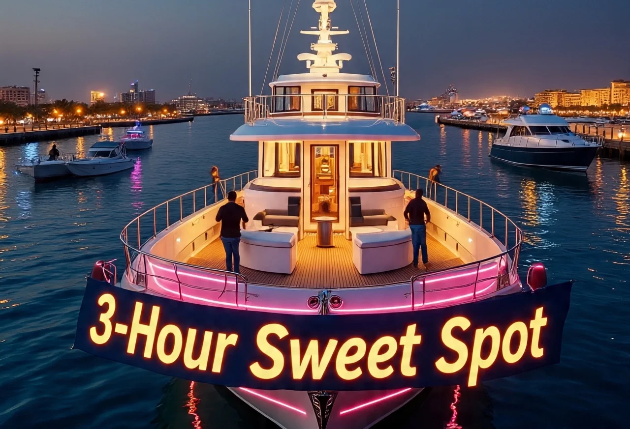 A luxurious yacht illuminated with pink neon lights in a Dubai marina at dusk, featuring the glowing banner “3-Hour Sweet Spot,” highlighting the Dubai yacht rental experience for micro-celebrations.
